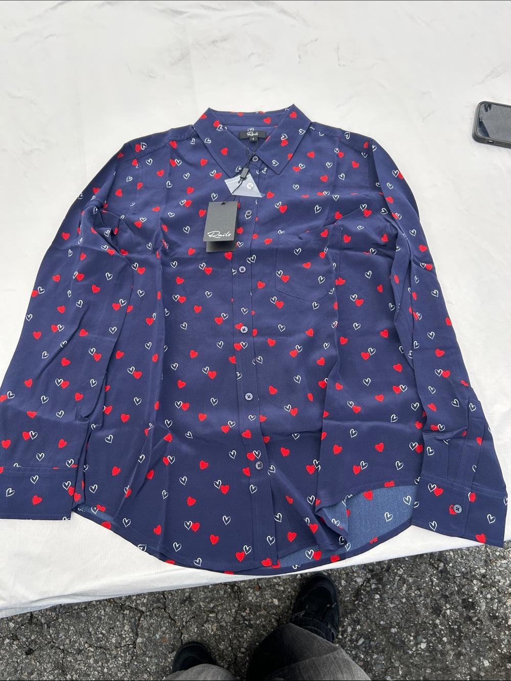 Rails Navy Button-Down Shirt with Red & White Heart Print